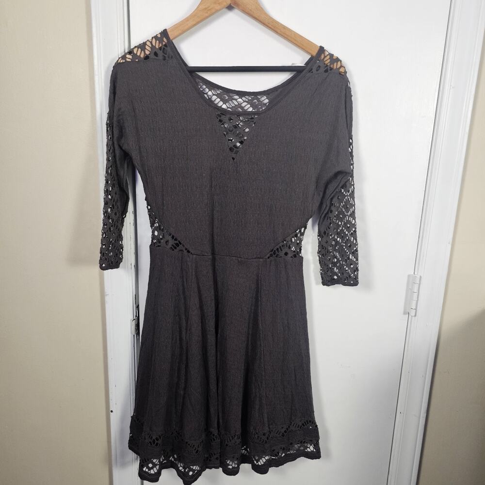 Free People Lace Dress Sz M Dark Brown Retro Fit Flare Boho 90s Minimalist